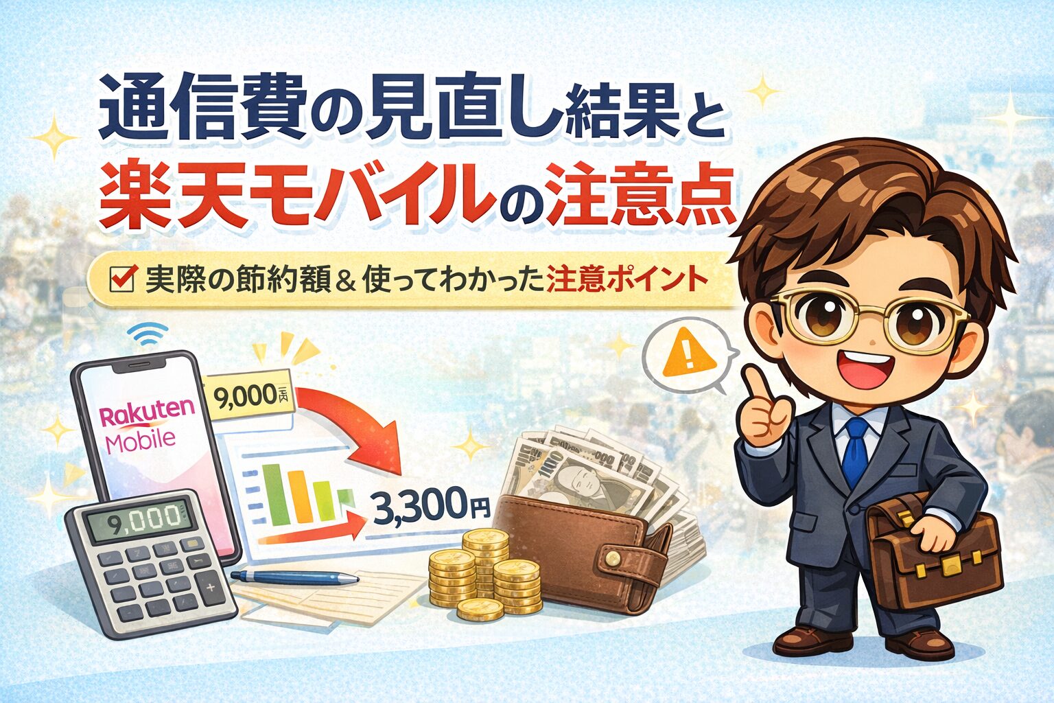 通信費を見直し、楽天モバイルで固定費を削減した体験を表したイメージイラスト